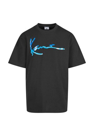 Black cotton t-shirt with a crew neck, featuring abstract blue and white lines and shapes printed on the front. Short sleeves, relaxed fit.