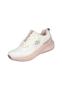 Zapatilla deportiva blanca y rosa claro con parte superior de tela texturizada, suela gruesa, diseño con cordones y detalles en el talón y lateral.