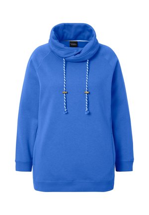 Sudadera azul con cuello de embudo, cordones y terminales de color dorado. Presenta puños y bajo acanalados, confeccionada en una tela suave.