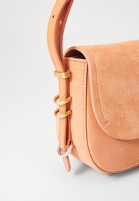 Borsa in suede di un delicato pesca, con una tracolla in pelle liscia e dettagli in metallo dorato e argentato. Chiusura a pattina con bordi arrotondati.
