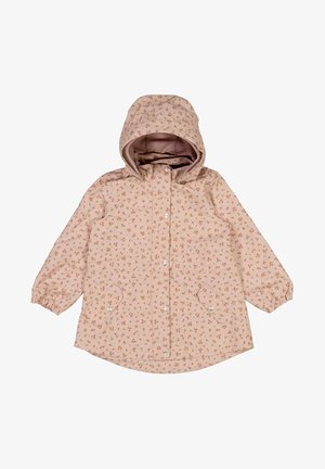 Imperméable rose à motif floral, fermeture à pression à l'avant, poignets élastiques et capuche. Comprend deux poches latérales et une doublure intérieure douce.