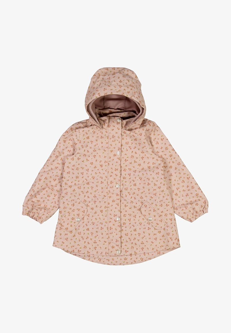 Imperméable rose à motif floral, fermeture à pression à l'avant, poignets élastiques et capuche. Comprend deux poches latérales et une doublure intérieure douce.