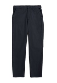 Marineblauwe chino's van katoen, voorzien van een platte front, zijzakken, en een ritssluiting met een enkele knoopsluiting. Rechte snit zonder patronen.