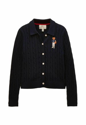 Navy blue cable-knit button-up cardigan with collar and embroidered fox wearing jacket and trousers on the left chest.