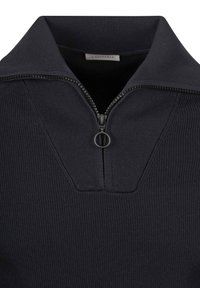 Marineblauwe pullover met een kwart rits, ribbeltextuur en een V-vormige kraag. Bevat een ronde trekker en subtiele stikseldetails.