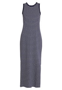 Robe maxi sans manches à rayures bleu marine et blanches, avec un col rond et une silhouette ajustée, réalisée dans un tissu léger et doux.