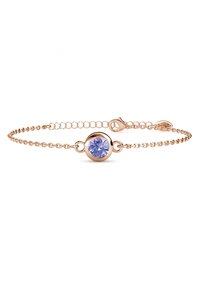 Armband van roségoud met een kleine ronde lavendelgekleurde edelsteen als middelpunt, voorzien van een delicaat kettinkje en een stevige karabijnsluiting.