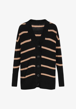 Zwarte cardigan met beige strepen, met een v-hals, zes zwarte knopen en geribbelde manchetten en zoom. Zacht gebreid materiaal met een relaxte pasvorm.