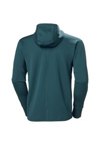 Sudadera de manga larga en verde azulado oscuro, hecha de una tela texturizada, con una capucha ceñida y mangas ajustadas con agujeros para los pulgares, diseñada para ropa deportiva.