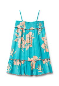 Vestido floral turquesa con tirantes finos, corpiño fruncido y dobladillo con volantes en capas. Presenta patrones florales en color durazno y una tela texturada.