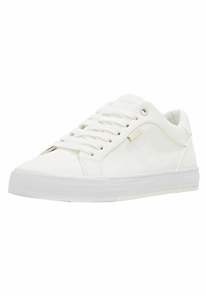 White sneakers with a rubber sole, smooth leather upper, and round toe. Features flat white laces and minimalistic design, no visible logos.