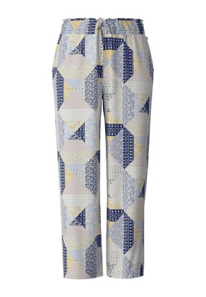 Pantaloni larghi in tessuto leggero con un motivo a patchwork geometrico nei toni del blu, giallo e bianco. Vita elastica per il massimo comfort.