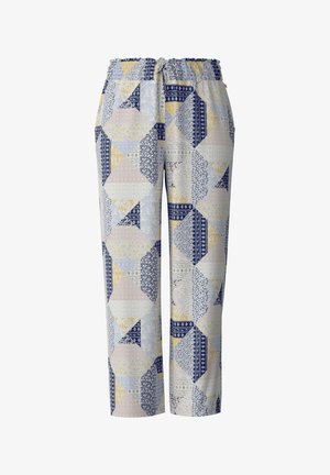 Losse broek van lichte stof met een geometrisch patchworkpatroon in blauwe, gele en witte tinten. Elastische tailleband voor comfort.