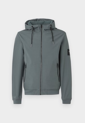 Hooded jacket in a muted gray color, made from smooth, stretchy fabric. Features a full zipper, two side pockets, and adjustable drawstrings.