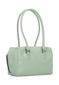 Mintgroene handtas met glanzende textuur, dubbele korte handgrepen en een ritsvak aan de zijkant. Heeft een rechthoekige vorm en matte afwerking.