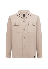 Camicia beige a maniche lunghe con colletto, due tasche sul petto e chiusura frontale con bottoni. Tessuto liscio e leggero.