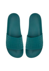 Sandali di gomma turchese con una cinghia testurizzata caratterizzata da motivi geometrici. Design open-toe e suola liscia per il comfort.