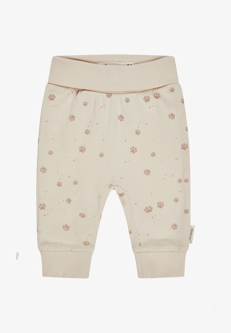 Beige baby pants with elastic waistband and cuffs, decorated with scattered small brown paw prints.