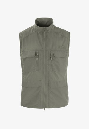 Weste in Olivgrün aus leichtem Stoff. Verfügt über einen hohen Kragen, einen Frontreißverschluss und mehrere Taschen mit Reißverschluss. Einfaches Design.