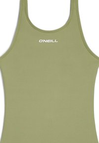 Maillot de bain vert olive avec une coupe ajustée, fabriqué dans un matériau lisse, présentant un dos nageur et un logo "O'Neill" blanc à l'avant.