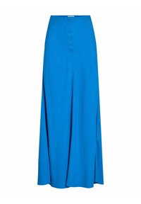 Modra satenasta maxi krilo z visokim pasom, stranskim razporkom in gladko teksturo. Ponaša se s čistim dizajnom brez vidne okovja ali vzorcev.