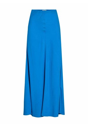 Blå sateng maxi-skjørt med høy midje, sidespalte og glatt tekstur. Har et rent design uten synlige beslag eller mønstre.