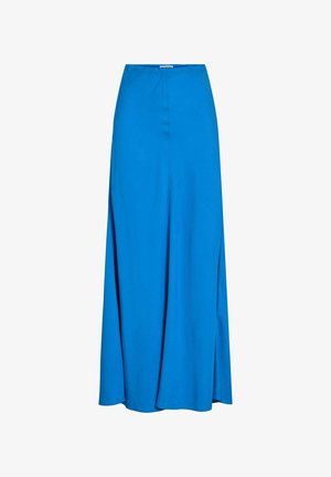 Blå sateng maxi-skjørt med høy midje, sidespalte og glatt tekstur. Har et rent design uten synlige beslag eller mønstre.