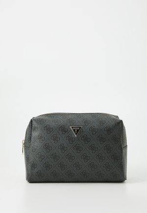 Dark gray cosmetic bag with a textured finish, featuring a repeating logo pattern and a triangular metal logo accent. Zipper closure.