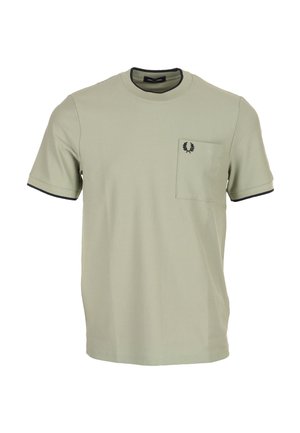 T-shirt verde chiaro a maniche corte con trama, girocollo e polsini delle maniche rifiniti in nero, tasca frontale con logo corona di alloro nera.