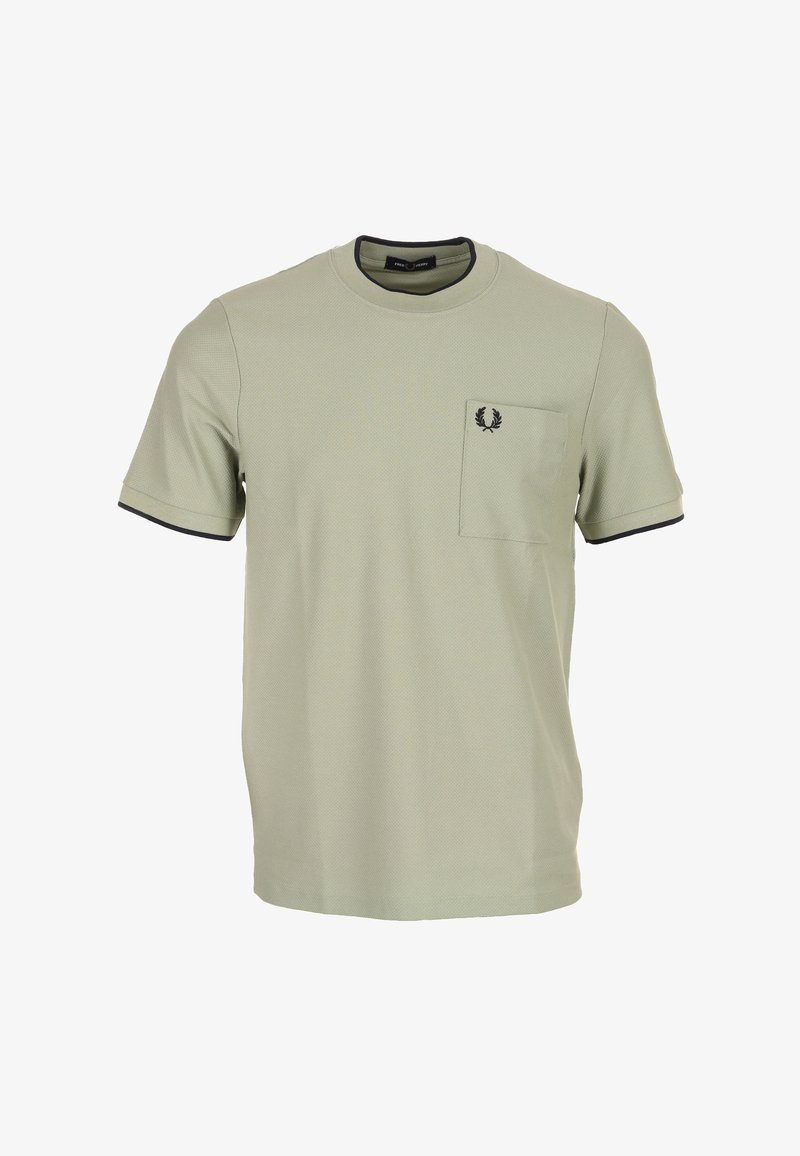 Lichtgroen kort mouw T-shirt met textuur, voorzien van een zwarte bies rond de ronde hals en mouwboorden, een borstzak met een zwart lauwerkranslogo.