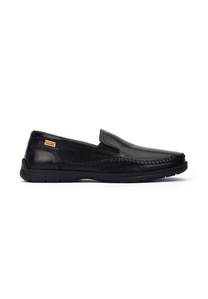 Schwarze Slipper aus glattem Lederobermaterial, mit genähten Details an den Seiten und Gummisohlen für Grip. Minimalistisches Design ohne Verzierungen.