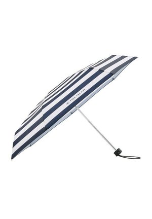 Striped umbrella featuring navy blue and white fabric, a silver metal frame, and a black rubber handle for grip.