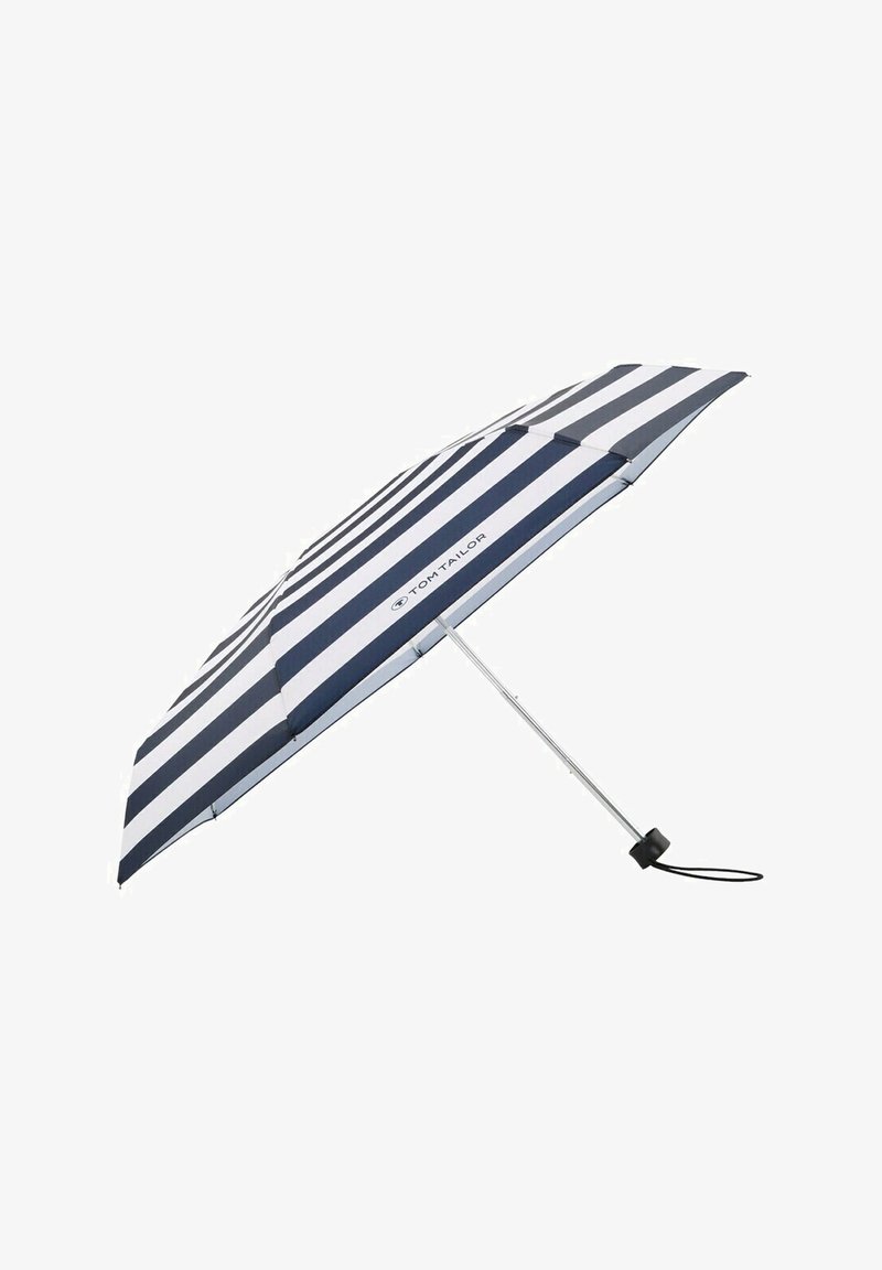 Striped umbrella featuring navy blue and white fabric, a silver metal frame, and a black rubber handle for grip.