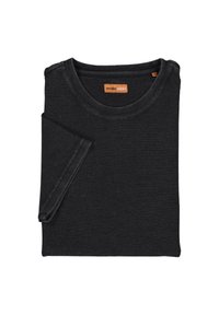 Schwarzes Langarmhemd aus strukturiertem Stoff, mit rundem Halsausschnitt und gefalteten Ärmeln, versehen mit einem orangenen Markenetikett.