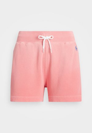 Shorts in cotone rosa con elastico in vita, cordoncino bianco e piccolo logo blu sul lato. Texture liscia e design aderente.