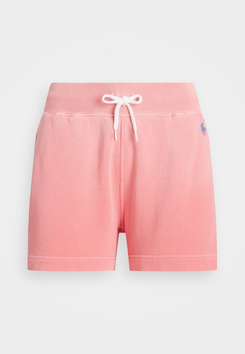 Shorts in cotone rosa con elastico in vita, cordoncino bianco e piccolo logo blu sul lato. Texture liscia e design aderente.