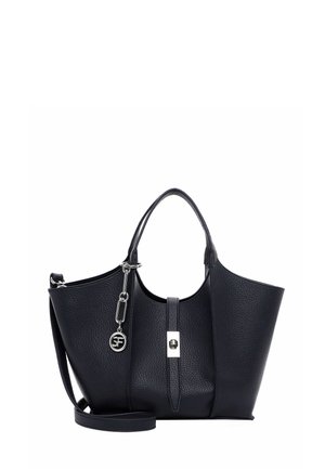 Black textured leather handbag with top handles, a detachable shoulder strap, front strap with silver buckle, and a round silver logo charm.