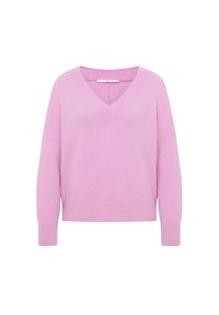 Rosa V-Ausschnitt-Pullover mit langen Ärmeln und Rippbündchen. Weicher Stoff und lockere Passform mit einem leicht cropped Saum.
