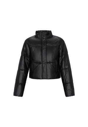 Fekete, cropped pufajka magas gallérral, hosszú ujjal és steppelt mintával, fehér háttér előtt kiállítva.