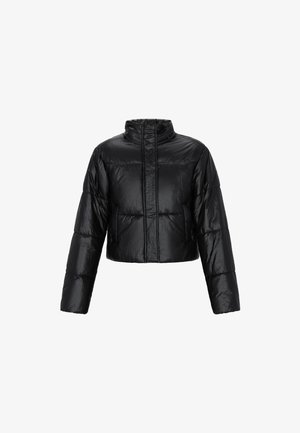Veste courte en duvet noire avec col haut, manches longues et design matelassé, présentée sur fond blanc.