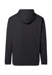 Giacca nera con cappuccio, realizzata in un tessuto liscio. Il design sul retro presenta un yoke e una cucitura orizzontale al centro. Maniche lunghe con polsini.