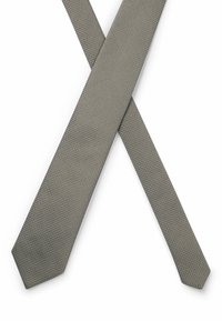 Gray textured tie with a geometric pattern, featuring a tapered end and a smooth finish. Crossed placement on a white background.