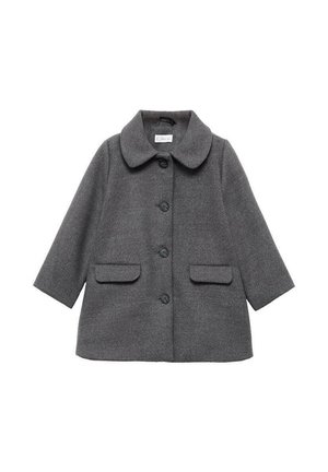 Cappotto di lana grigio con colletto rotondo, maniche lunghe, sei bottoni frontali e due tasche a toppa. Presenta una finitura in tessuto testurizzato.