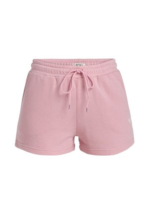 Pink cotton athletic shorts with an elastic waistband, drawstring, and front pockets. Features logo detail on the lower left side.