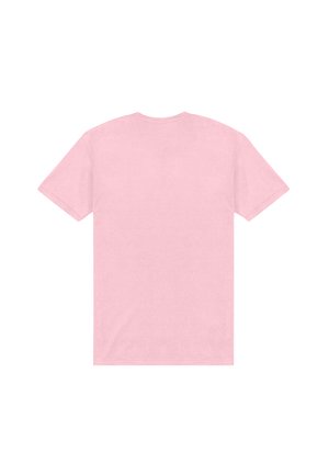 Jasnoróżowy, gładki t-shirt z krótkim rękawem i okrągłym dekoltem, pokazany od tyłu na białym tle.