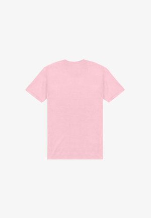 Jasnoróżowy, gładki t-shirt z krótkim rękawem i okrągłym dekoltem, pokazany od tyłu na białym tle.