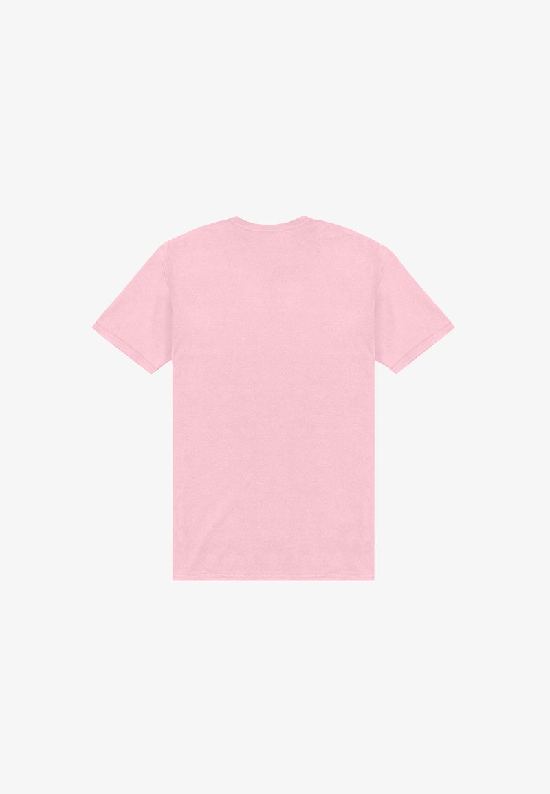 Camiseta de manga corta y cuello redondo en color rosa claro liso mostrada desde atrás sobre un fondo blanco.
