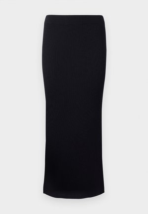 Fustă midi din tricot negru cu model cu nervuri, având o siluetă ajustată, cu un tiv drept și un brâu elastic. Textură netedă pe toată suprafața.