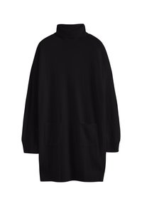 Schwarzer übergroßer Rollkragenpullover mit langen Ärmeln, ausgestattet mit zwei Fronttaschen, aus weichem Material, glatter Textur und einem lässigen Schnitt.