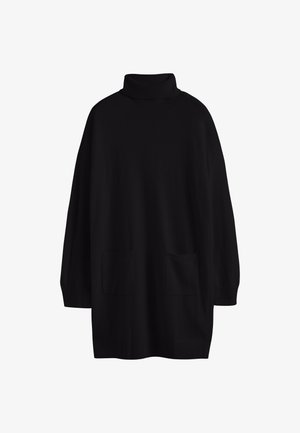 Maglioneoversize nero con collo alto e maniche lunghe, dotato di due tasche frontali, realizzato in materiale morbido, con una texture liscia e una vestibilità comoda.